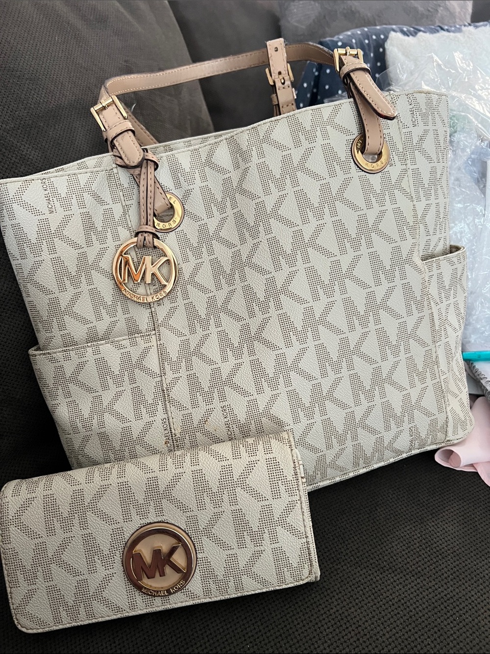 Michael Kors Cream MK Logo Tote & Wallet with Gold Accents